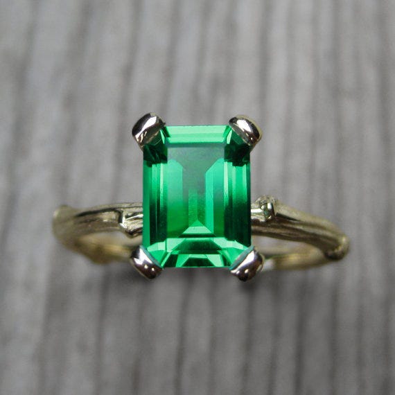 Some gemstones, such as emeralds, are more susceptible to damage than others. Emerald Engagement Ring, Kristin Coffin, $1,500.