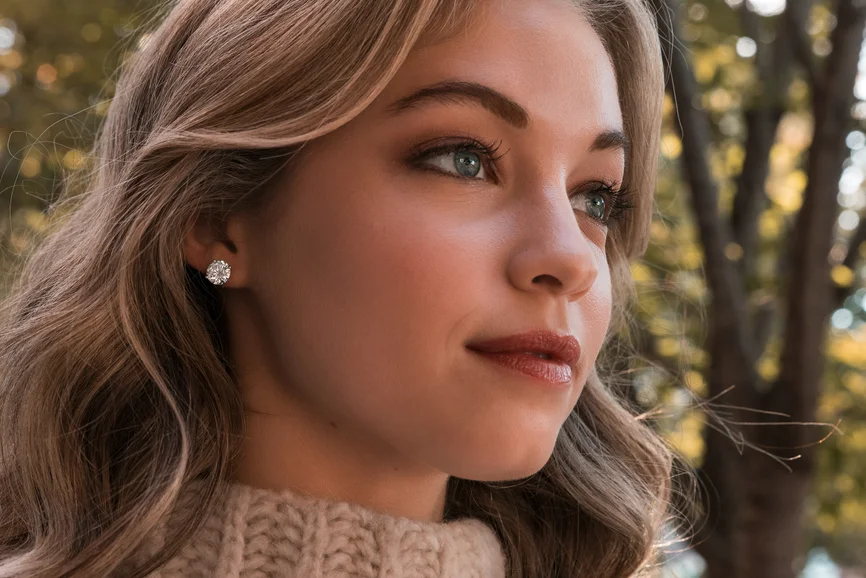 happy woman wearing platinum earrings