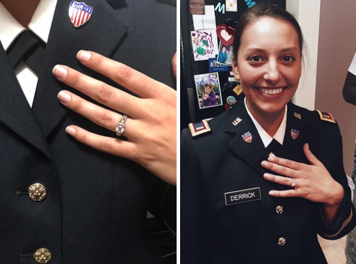 happy military service woman wearing Charles and Colvard ring