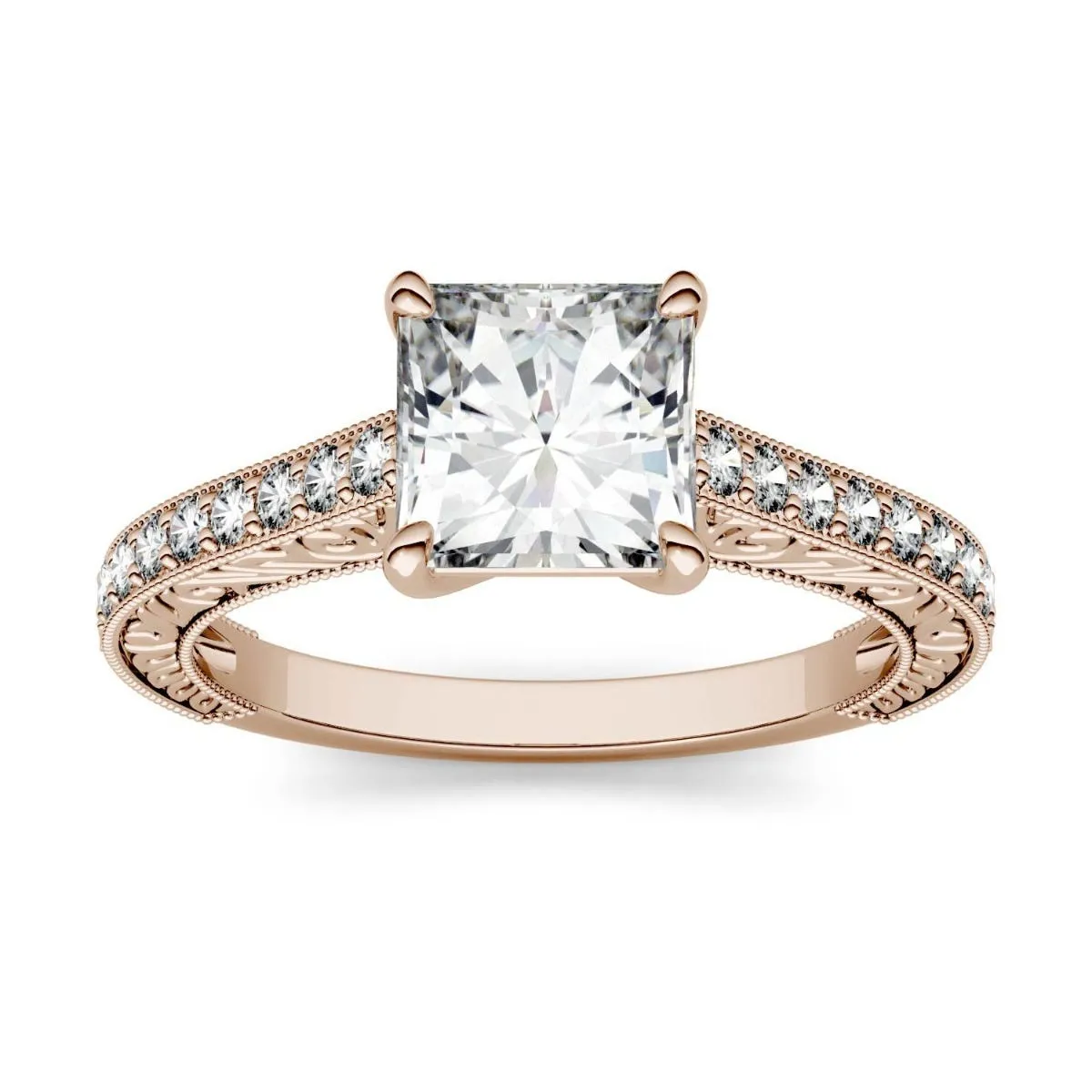 Forever One Princess Moissanite Side Stone with Scrollwork Ring