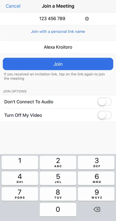 screenshot of joining a meeting on mobile