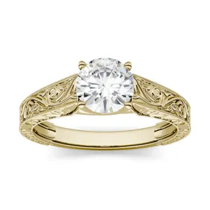 1.00 CTW DEW Round Forever One Moissanite Solitaire with Carved Band Engagement Ring in 14K Yellow Gold image, 