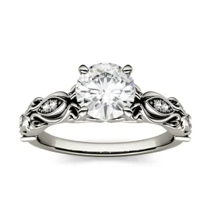 1.07 CTW DEW Round Forever One Moissanite Solitaire with Side Accents Engagement Ring in 14K White Gold image, 