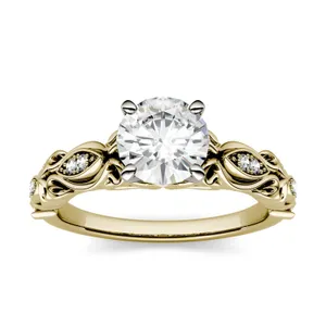 1.07 CTW DEW Round Forever One Moissanite Solitaire with Side Accents Engagement Ring in 14K Yellow Gold image, 