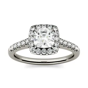 1.66 CTW DEW Cushion Forever One Moissanite Halo with Side Accents Engagement Ring in 14K White Gold image, 