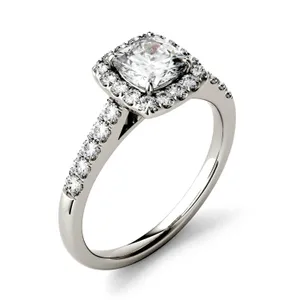 1.66 CTW DEW Cushion Forever One Moissanite Halo with Side Accents Engagement Ring in 14K White Gold image, 
