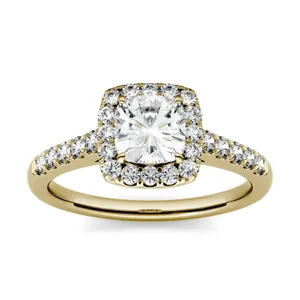 1.16 CTW DEW Cushion Forever One Moissanite Halo with Side Accents Engagement Ring in 14K Yellow Gold image, 