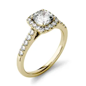 1.16 CTW DEW Cushion Forever One Moissanite Halo with Side Accents Engagement Ring in 14K Yellow Gold image, 