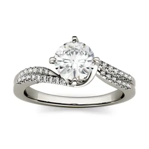 1.23 CTW DEW Round Forever One Moissanite Bypass Solitaire with Side Accents Engagement Ring in 14K White Gold image, 