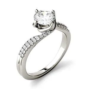 1.23 CTW DEW Round Forever One Moissanite Bypass Solitaire with Side Accents Engagement Ring in 14K White Gold image, 