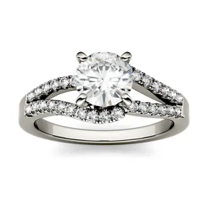 1.31 CTW DEW Round Forever One Moissanite Split Shank Solitaire with Side Accents Engagement Ring in 14K White Gold image, 