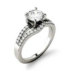 1.31 CTW DEW Round Forever One Moissanite Split Shank Solitaire with Side Accents Engagement Ring in 14K White Gold image, 