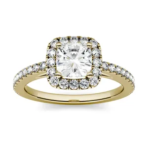 1.48 CTW DEW Cushion Forever One Moissanite Halo with Side Accents Engagement Ring in 14K Yellow Gold image, 