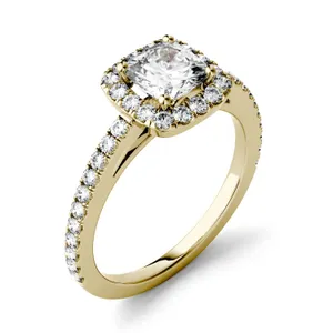 1.48 CTW DEW Cushion Forever One Moissanite Halo with Side Accents Engagement Ring in 14K Yellow Gold image, 