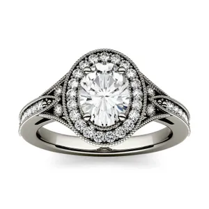 1.14 CTW DEW Oval Forever One Moissanite Milgrain Halo with Side Accents Engagement Ring in 14K White Gold image, 