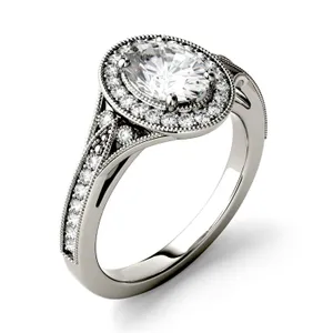 1.14 CTW DEW Oval Forever One Moissanite Milgrain Halo with Side Accents Engagement Ring in 14K White Gold image, 