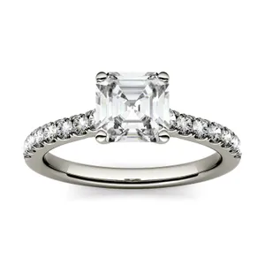1.58 CTW DEW Asscher Forever One Moissanite Solitaire with Side Accents Engagement Ring in 14K White Gold image, 