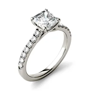 1.58 CTW DEW Asscher Forever One Moissanite Solitaire with Side Accents Engagement Ring in 14K White Gold image, 