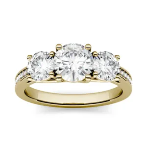 2.14 CTW DEW Round Forever One Moissanite Three Stone with Side Accents Ring in 14K Yellow Gold image, 