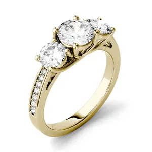 2.14 CTW DEW Round Forever One Moissanite Three Stone with Side Accents Ring in 14K Yellow Gold image, 