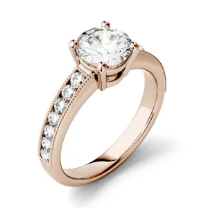 1.31 CTW DEW Round Forever One Moissanite Solitaire with Milgrain Side Accents Engagement Ring in 14K Rose Gold image, 
