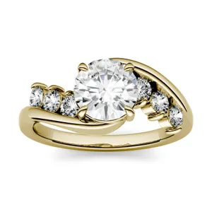 1.38 CTW DEW Round Forever One Moissanite Solitaire Bypass with Side Accents Engagement Ring in 14K Yellow Gold image, 