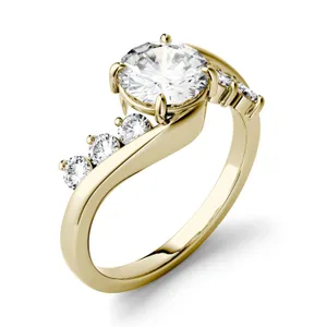 1.38 CTW DEW Round Forever One Moissanite Solitaire Bypass with Side Accents Engagement Ring in 14K Yellow Gold image, 