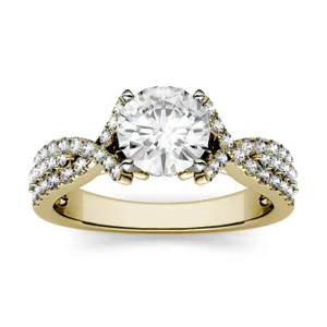 1.56 CTW DEW Round Forever One Moissanite Triple Row Solitaire with Side Accents Ring in 14K Yellow Gold image, 