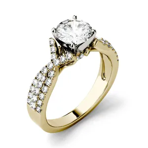 1.56 CTW DEW Round Forever One Moissanite Triple Row Solitaire with Side Accents Ring in 14K Yellow Gold image, 