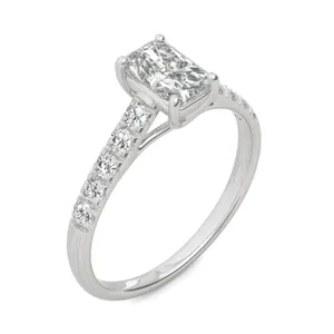 1.42 CTW DEW Radiant Forever One Moissanite Solitaire with Side Accents Engagement Ring in 14K White Gold image, 