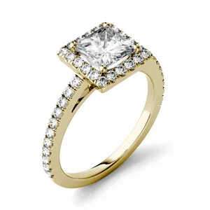 1.32 CTW DEW Princess Forever One Moissanite Halo with Side Accents Ring in 14K Yellow Gold image, 