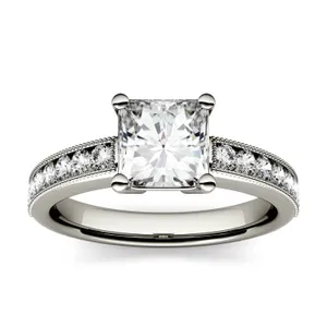 1.21 CTW DEW Princess Forever One Moissanite Solitaire with Milgrain Side Accents Engagement Ring in 14K White Gold image, 