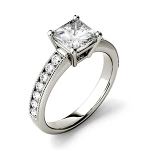1.21 CTW DEW Princess Forever One Moissanite Solitaire with Milgrain Side Accents Engagement Ring in 14K White Gold image, 