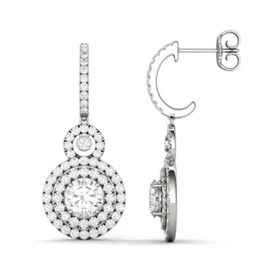 2.82 CTW DEW Round Forever One Moissanite Double Halo Drop Earrings in 14K White Gold image, 