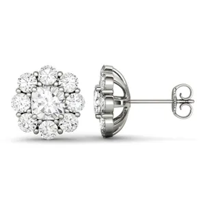 3.20 CTW DEW Cushion Forever One Moissanite Halo Floral Stud Earrings in 14K White Gold image, 