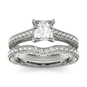 1.51 CTW DEW Princess Forever One Moissanite Solitaire with Carved Detail Bridal Set Ring in 14K White Gold image, 