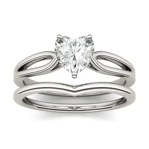 0.80 CTW DEW Heart Forever One Moissanite Split Shank Solitaire Bridal Set Ring in 14K White Gold image, 