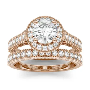 1.65 CTW DEW Round Forever One Moissanite Milgrain Halo Bridal Set Ring in 14K Rose Gold image, 