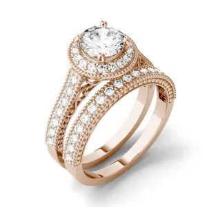 1.65 CTW DEW Round Forever One Moissanite Milgrain Halo Bridal Set Ring in 14K Rose Gold image, 