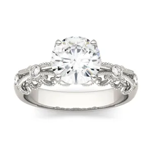 1.54 CTW DEW Round Forever One Moissanite Filigree Solitaire with Side Accents Ring in 14K White Gold image, 