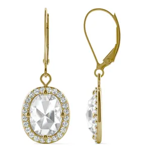 2.98 CTW DEW Cushion Forever One Moissanite Halo Drop Earrings in 14K Yellow Gold image, 