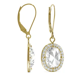 2.98 CTW DEW Cushion Forever One Moissanite Halo Drop Earrings in 14K Yellow Gold image, 