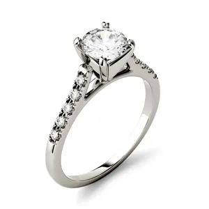 1.65 CTW DEW Round Forever One Moissanite Solitaire with Side Accents Engagement Ring in 14K White Gold image, 