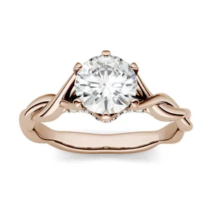 1.11 CTW DEW Round Forever One Moissanite Twisted Band Solitaire with Side Accents Engagement Ring in 14K Rose Gold image, 
