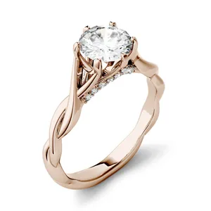 1.11 CTW DEW Round Forever One Moissanite Twisted Band Solitaire with Side Accents Engagement Ring in 14K Rose Gold image, 