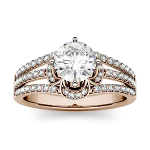 1.58 CTW DEW Round Forever One Moissanite Split Shank Floral Solitaire with Side Accents Engagement Ring in 14K Rose Gold image, 
