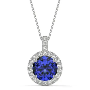 Sapphire Round Halo Pendant in 14K White Gold image, 