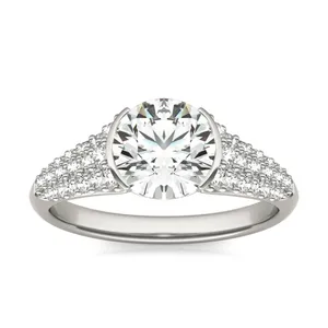 2 CTW Round Caydia Lab Grown Diamond Signature Half Bezel Pave Engagement Ring 18K White Gold image, 