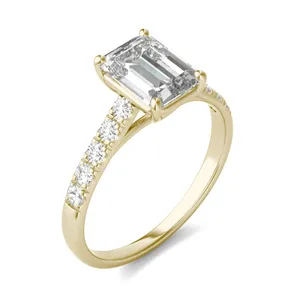 2.05 CTW DEW Emerald Forever One Moissanite Cathedral Accented Engagement Ring in 14K Yellow Gold image, 