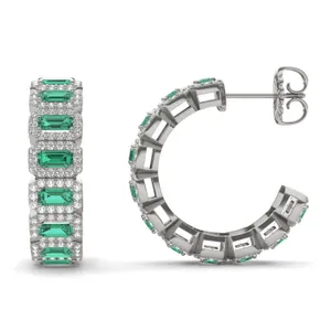 Emerald East-West Halo Midi Hoop Earrings image, 